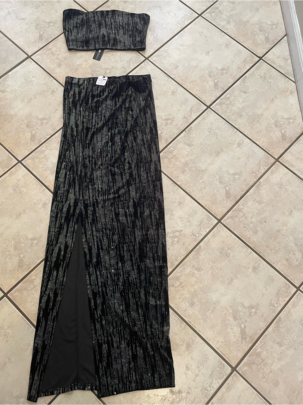 Fashion Nova Black Metallic Maxi Skirt with High Front Slit
